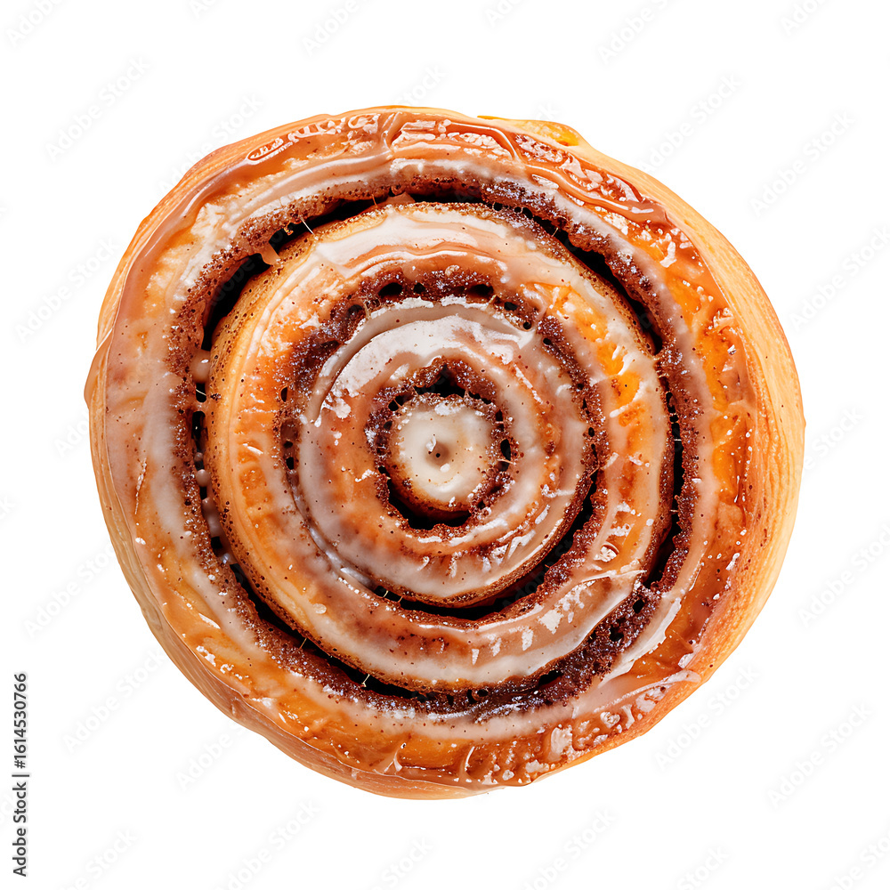 Fototapeta premium A top-down view of a glazed cinnamon roll with a spiral pattern