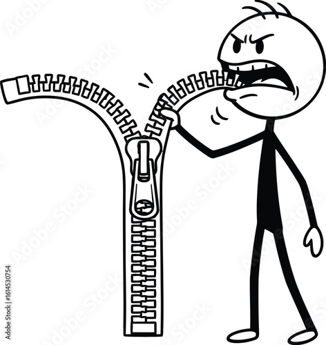 Stick figure biting zipper illustration vector art cartoon drawing design graphic image