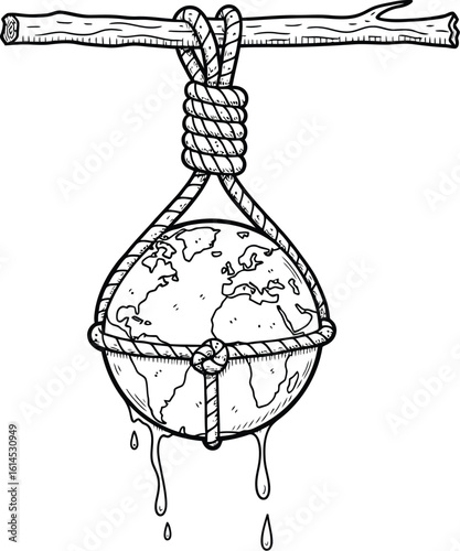 Climate change concept drawing of earth hanging from a noose, global warming illustration