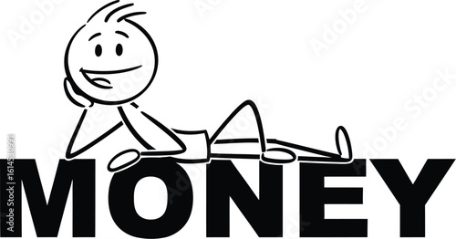 Stick figure relaxing on money concept cartoon financial success wealth and income