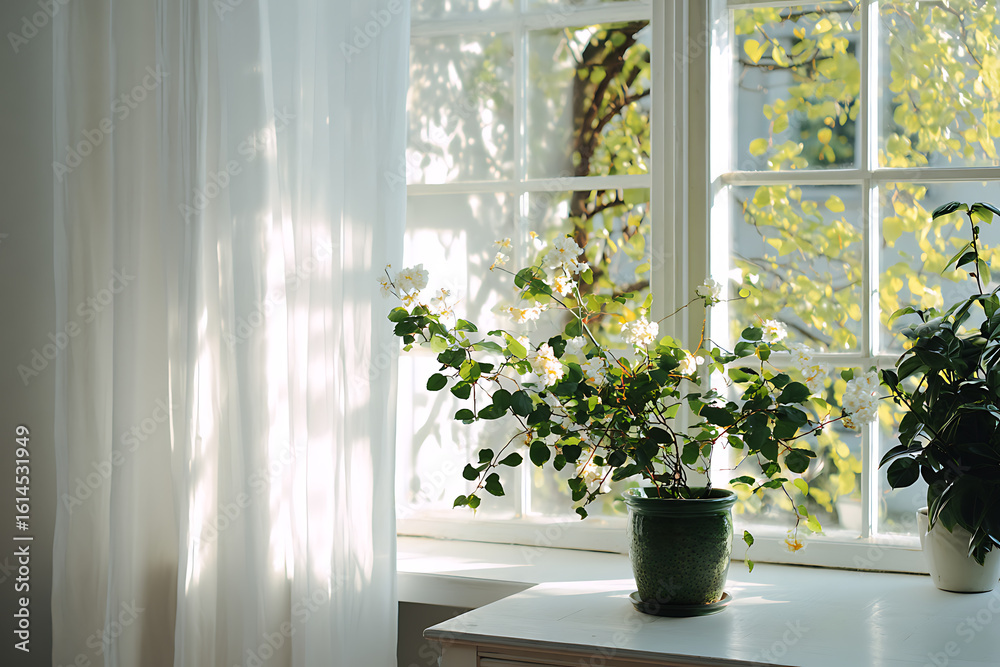 Fototapeta premium Sunlight streams through a white sheer curtain onto a windowsill with green potted plants and a view of lush trees outside