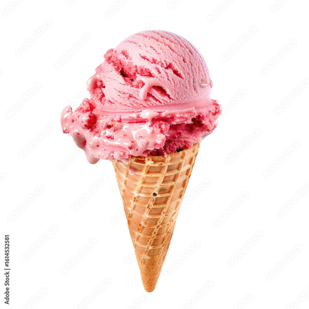 A single scoop of pink ice cream in a waffle cone. Close-up, isolated A single scoop of pink ice cream in a waffle cone. Close-up, isolated