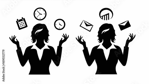 Two businesswomen juggling time management icons including clocks calendar emails and a graph in black silhouette