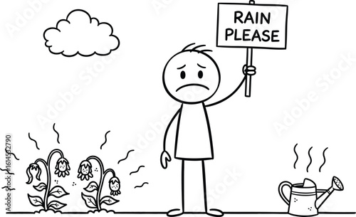 Cartoon drought illustration: stick figure asking for rain to save dying plants drawing