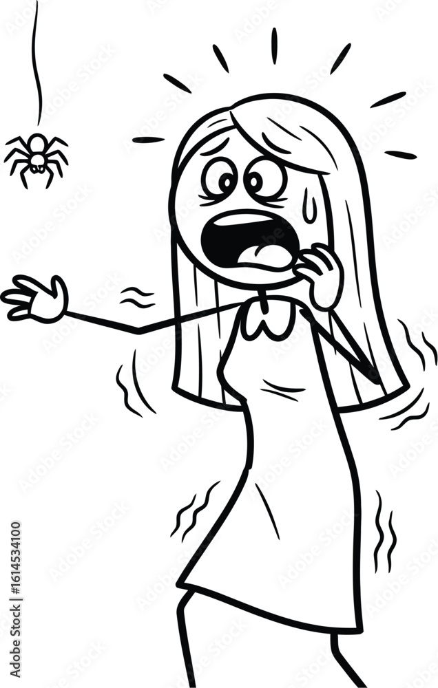 Obraz premium Cartoon woman scared of spider illustration arachnophobia fear horror anxiety phobia drawing