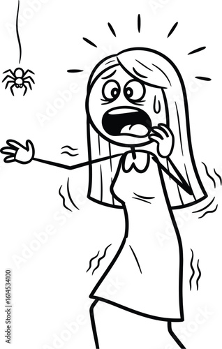 Cartoon woman scared of spider illustration arachnophobia fear horror anxiety phobia drawing