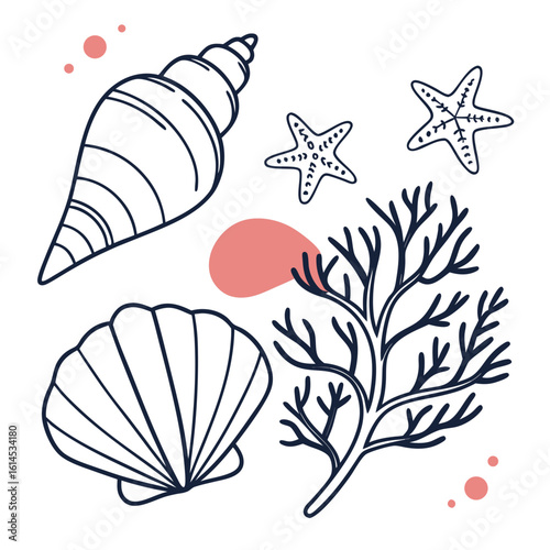 “Minimal line art vector set: abstract seashells and coral silhouettes — trendy branding kit”
