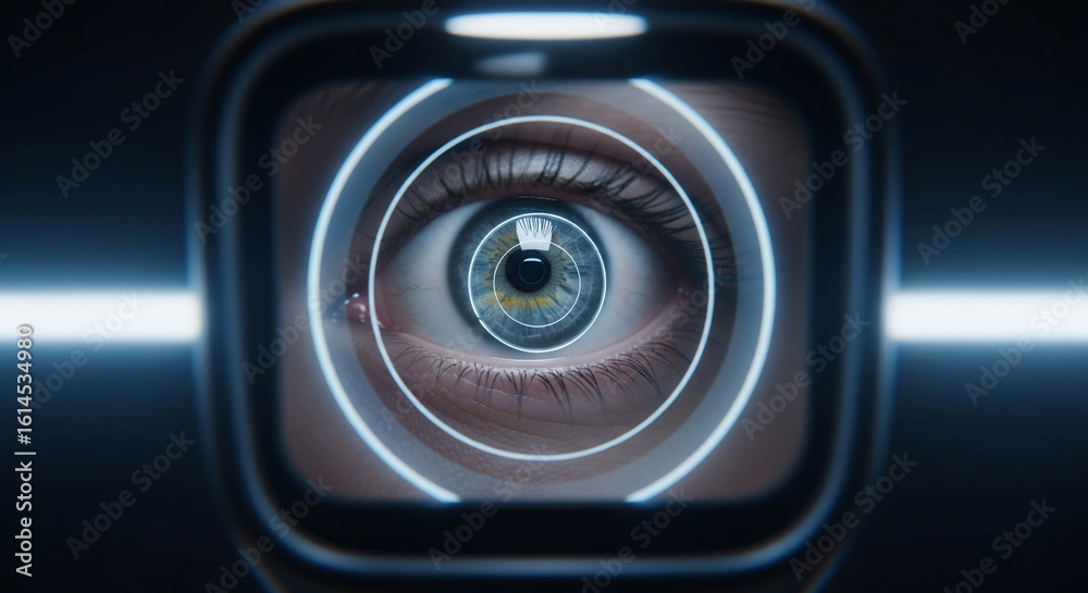 Futuristic Biometric Eye Scan with Digital Interface and Glowing Rings Futuristic Biometric Eye Scan with Digital Interface and Glowing Rings
