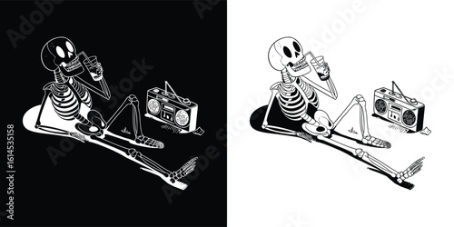 Chill skeleton with drink and boombox retro cartoon illustration in black and white for alternative lifestyle or t shirt design