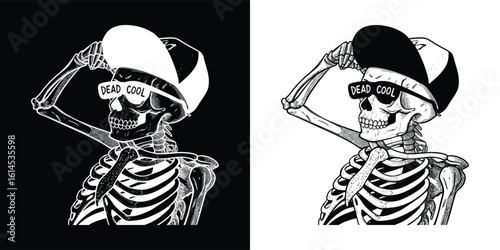 Cool skeleton in snapback and sunglasses with dead cool text in black and white hand drawn style for edgy t shirt design