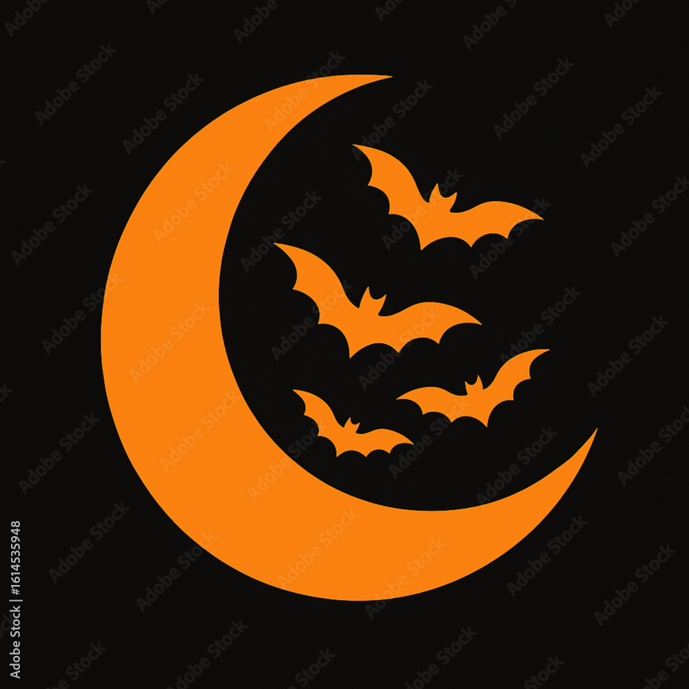 Naklejka premium Minimalist Crescent Moon with Flying Bats Vector in Black and Orange