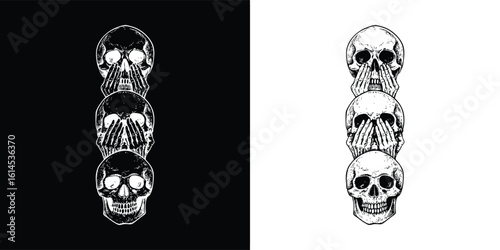 Distressed see no evil speak no evil hear no evil skull stack in monochrome gothic horror engraving style for t shirt design