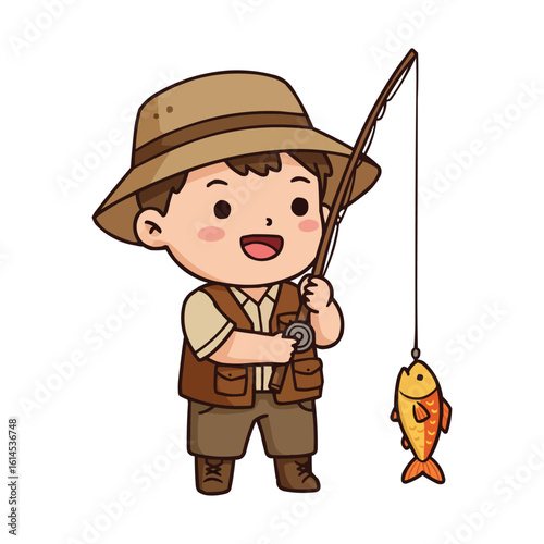 Happy cartoon fisherman catching a fish