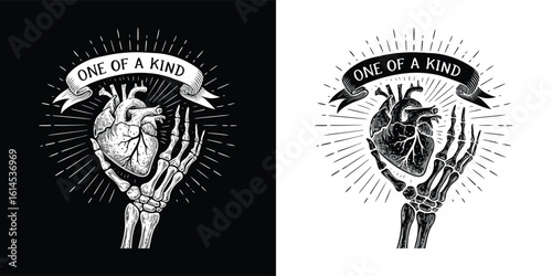One of a Kind Anatomical Heart Held by Skeleton Hand with Banner and Rays in Black and White for Gothic Tattoo Art and T Shirt Design