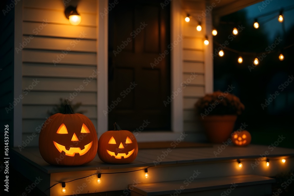 Obraz premium Minimalist Porch with Carved Pumpkins and Warm String Lights at Dusk