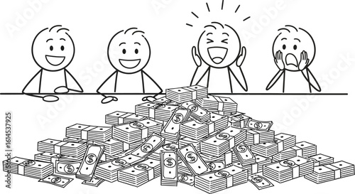 Cartoon stick figures with pile of money wealth success financial freedom cash stack investment income editable