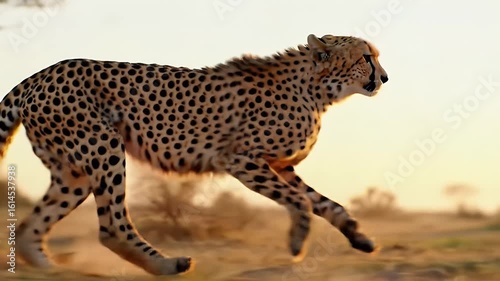 A cheetah in motion across a golden savanna landscape at sunset.
