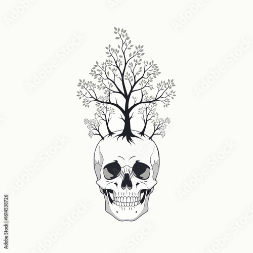Skull with Tree Branches Growing from Head