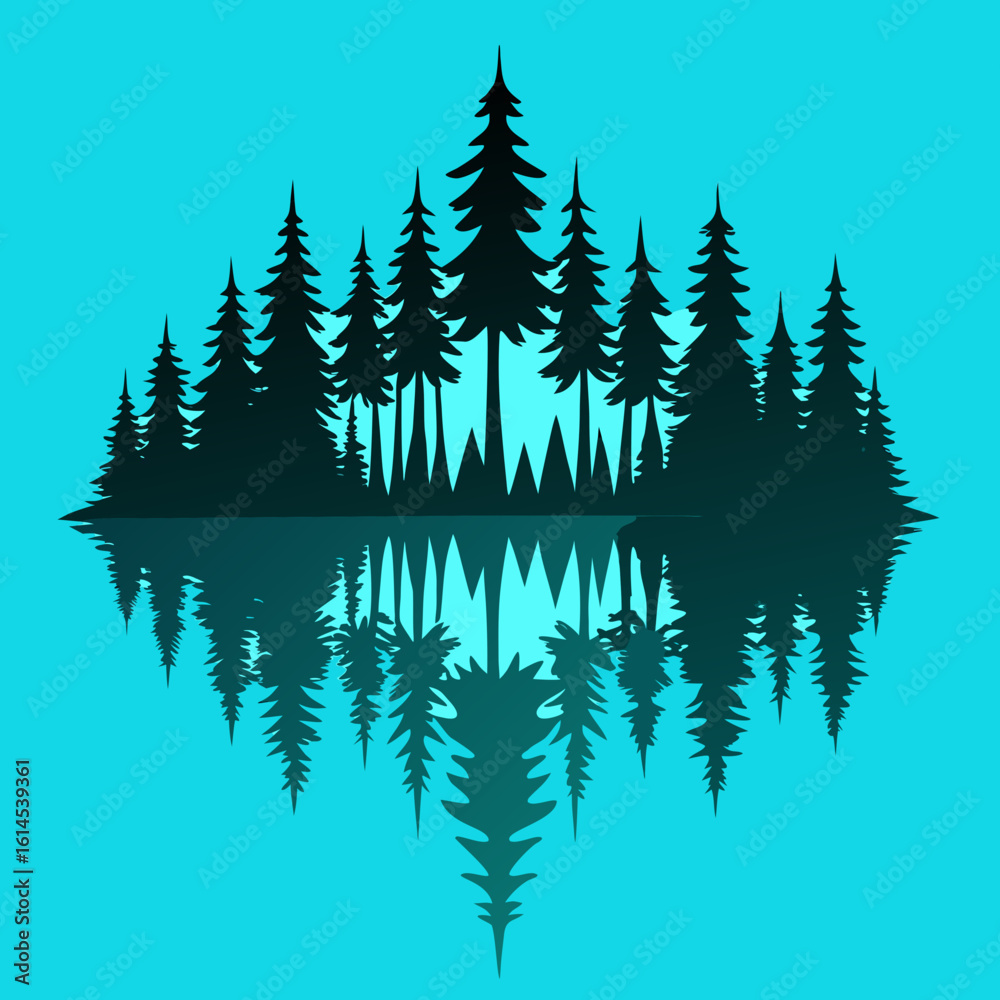 Obraz premium Silhouette of evergreen trees reflected in calm water