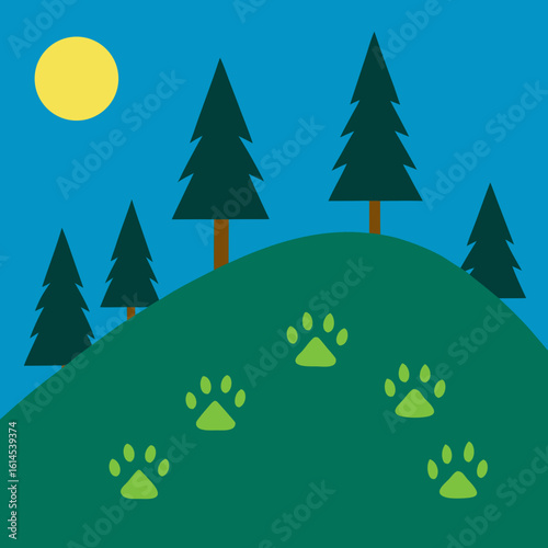 Paw prints on a hillside under a yellow moon