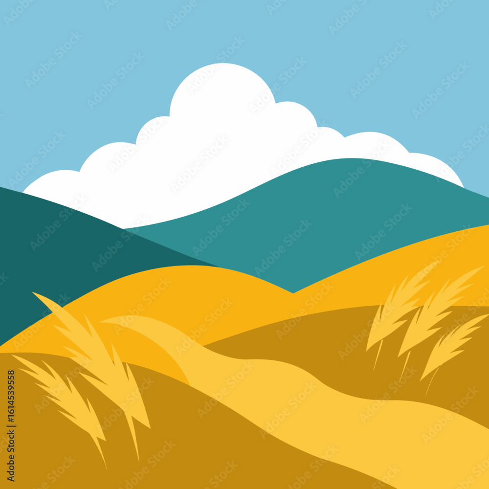 Obraz premium Stylized landscape with rolling hills wheat and clouds