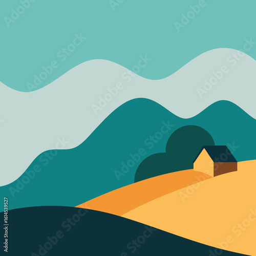 Minimalist landscape with a solitary house and rolling hills