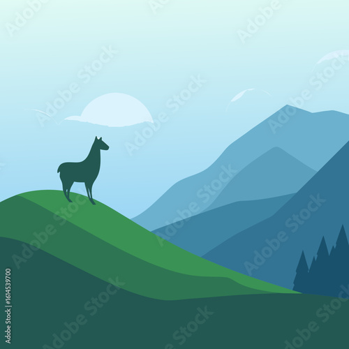 Llama silhouette on a grassy hilltop overlooking blue mountains