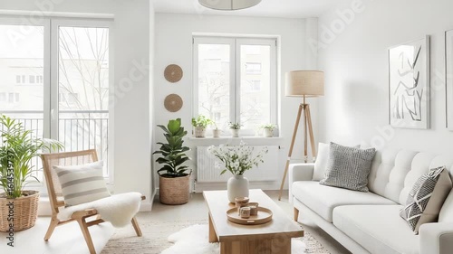 Bright Interior with White Sofa Wood Table and Potted Plants with Minimalist Design and Natural Daylight
