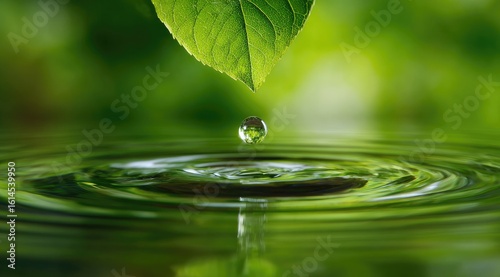 A single water droplet falls from a vibrant green leaf onto a calm body of water, creating concentric ripples