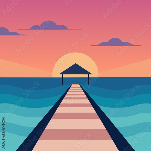 Serene sunset over the ocean with a pier and gazebo