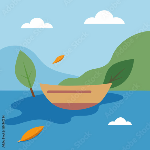 Serene lakeside scene with a boat and falling leaves