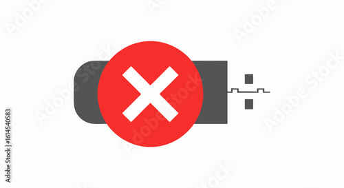 USB error icon. Red cross sign overlaying a USB flash drive indicating a malfunction or access denial. Vector illustration.