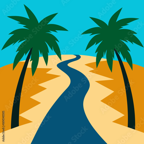 Desert oasis with winding river and palm trees