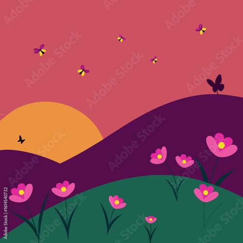 Whimsical sunset with flowers and fireflies