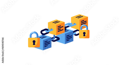 Blockchain security concept. Locked blocks connected with chains represent protected data and decentralized technology. Vector illustration.