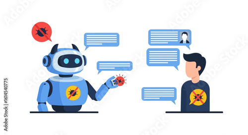 Bug detection concept. Robot and human collaborate to identify software bugs through conversation. Vector illustration.