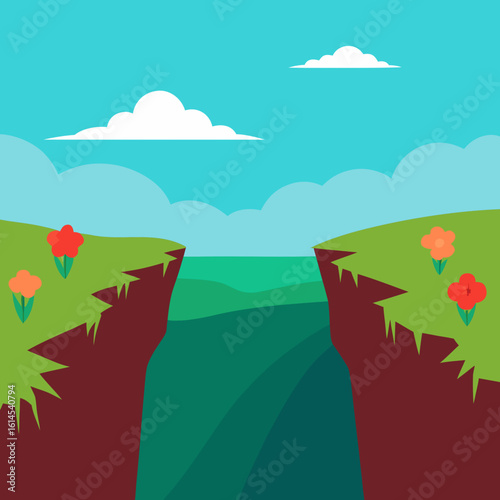 Vibrant cliffside landscape with flowers and a deep gorge