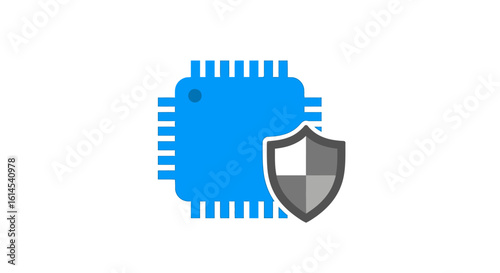 Cybersecurity concept. Microprocessor icon with shield symbol representing data protection and secure technology. Vector illustration.