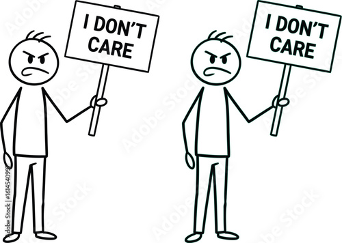 Stick figure with i don't care sign vector illustration drawing for protest and apathy concept art image editable