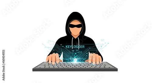 Cybersecurity threat concept. Hooded figure represents hacking and keylogger software behind computer keyboard and digital circuit graphics. Vector illustration.