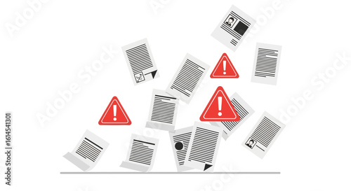 Document error concept. Falling papers with red warning signs indicating issues or alerts in file management or data processing. Vector illustration.