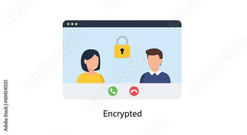 Encrypted video call concept. Illustration of a secure virtual meeting with a locked padlock icon and two participants. Vector illustration.