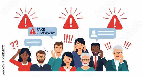 Scam alert concept set. Diverse group of people reacting to fake giveaways, online scams, and misleading information. Vector illustration.