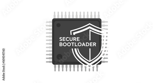 Secure bootloader concept. Graphic representation of a microchip with a shield icon and text indicating security functionality. Vector illustration.