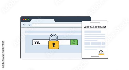 SSL security concept. Web browser with SSL lock icon and certificate information document illustrating secure connection. Vector illustration.