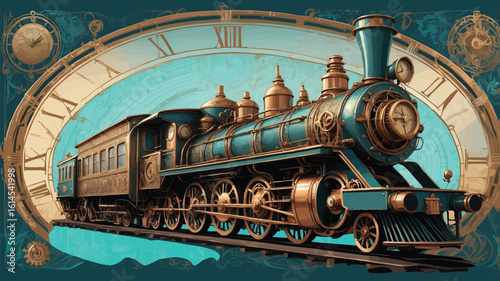 Vintage Steampunk Train: Ornate Locomotive in a Decorative Frame