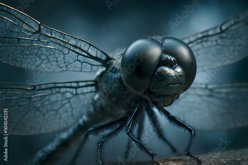 Close up macro shot of a dark blue dragonfly with intricate wings