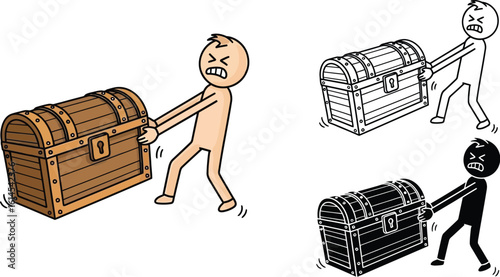 Cartoon man struggling to move heavy treasure chest illustration for design and creative projects editable