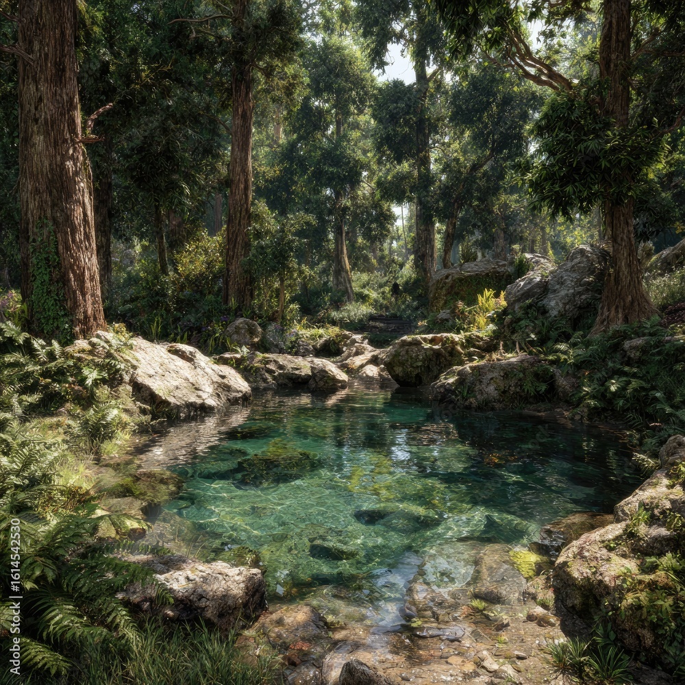 Naklejka premium Lush tropical forest scene with a tranquil pool