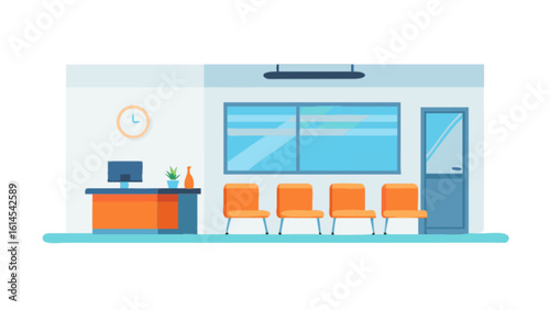 Stylish waiting room with comfortable seating, modern reception desk, and calming plant decor, perfect for healthcare offices, clinics, or professional business lobbies in a clean vector style